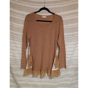 Altar'd State | Dusty Rose Mixed Media Ruffle & Crochet Tunic Sweater